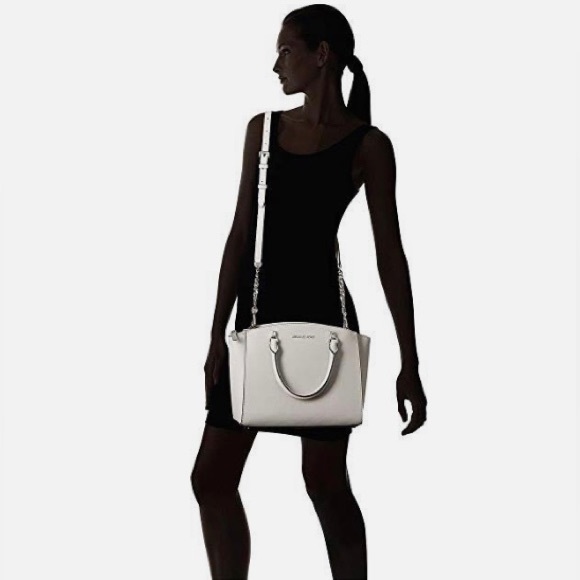 NWT Michael Kors Ellis Large Saffiano Leather Chainlink Satchel Bag Optic White - Picture 3 of 13